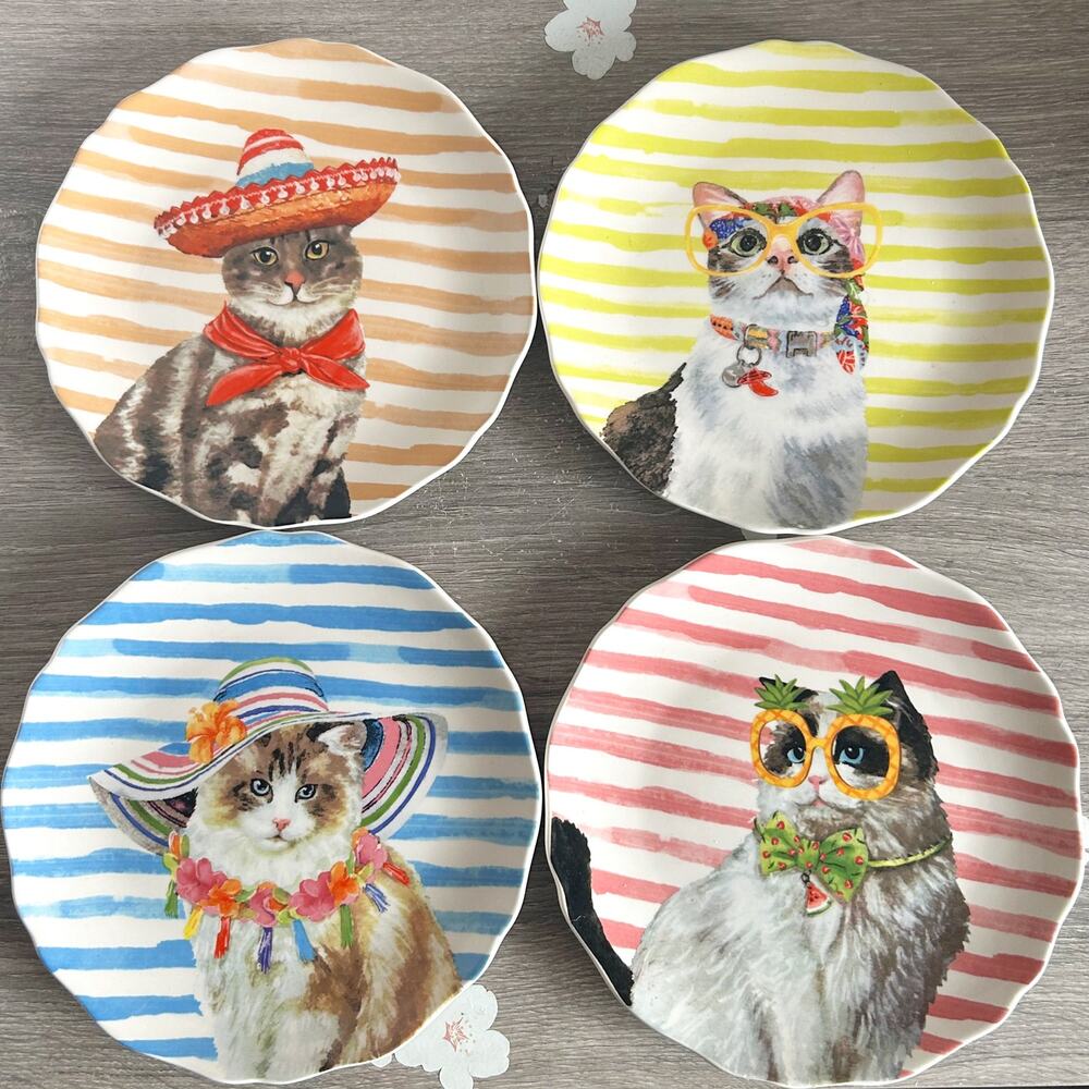 GRACE Fine Ceramic Whimsical Cats 8” Painted Ceramic Plates Set of 4 EUC